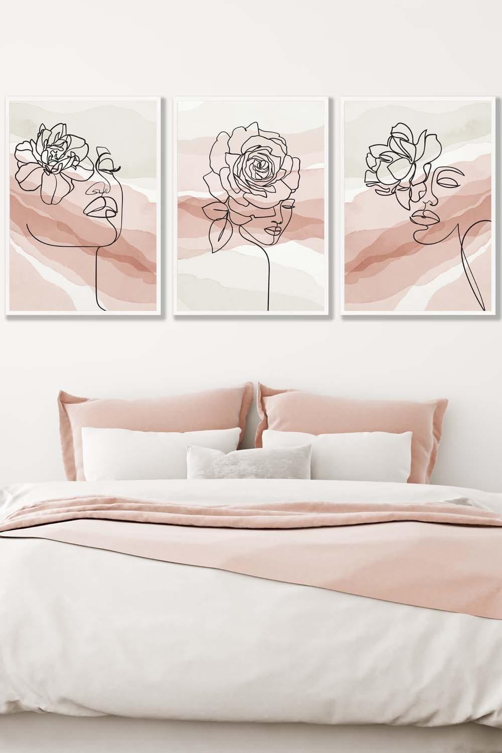 Set of 3 White Framed Female Line Art Floral Faces on Pink and Ivory Wall Art